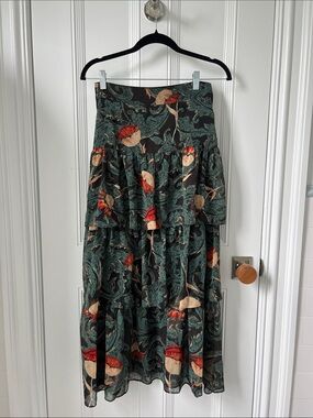 Traffic Tiered Maxi Skirt in Dark Green with Red Floral Accents